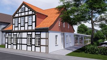 Entwurf für die Sanierung und Erweiterung eines denkmalgeschützten Gebäudes, erstellt vom Architektur-Planungsbüro Baubüro Wilksen, spezialist für Hausbau, Neubau, Umbau, Sanierung, Ladenbau und 3D Visualisierung 